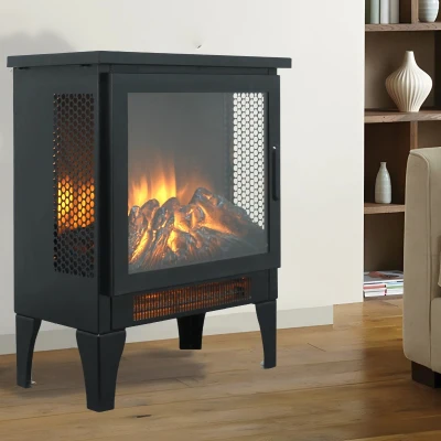 15" Freestanding Electric Fireplace Stove Heater with 3D Flame Effect, Antique Black