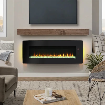 48" Remote Curved Wall Mounted Electric Fireplace with Multi-Color Flame, Antique Black