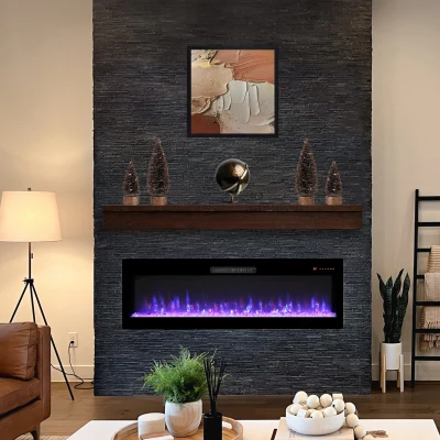 60" Recessed/Wall Mounted Electric Fireplace with 3D Realistic Flame Effect, Antique Black