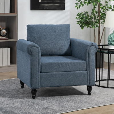 HOMCOM Vintage Armchair, Upholstered Accent Chair with Rolled Arms, Gourd-Shaped Rubber Wood Legs, Dark Blue