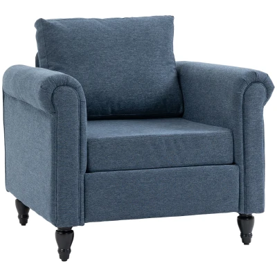 HOMCOM Vintage Armchair, Upholstered Accent Chair with Rolled Arms, Gourd-Shaped Rubber Wood Legs, Dark Blue