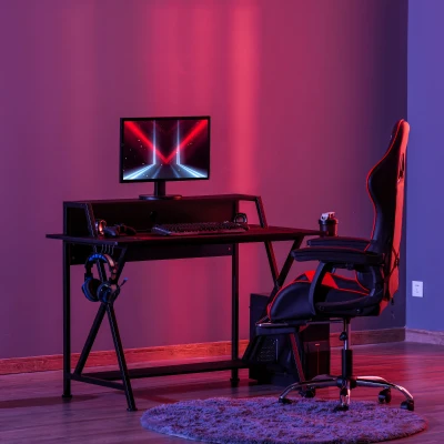 HOMCOM Gaming Desk, Carbon Fiber Style, Black with Monitor Shelf