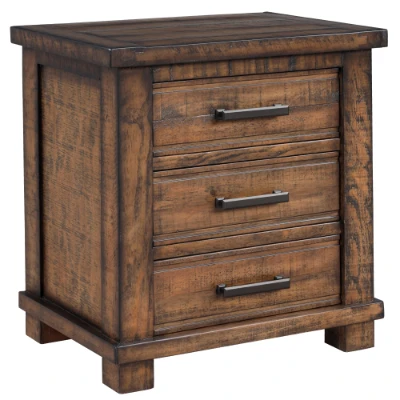 Rustic Three Drawer Reclaimed Solid Wood Farmhouse Nightstand with Full Extension Drawer Glides and Bronze Iron Handles, Natural