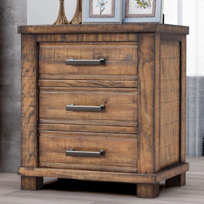 Rustic Three Drawer Reclaimed Solid Wood Farmhouse Nightstand with Full Extension Drawer Glides and Bronze Iron Handles, Natural