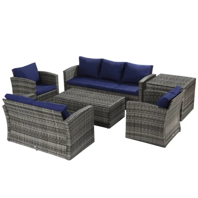Outsunny 6 Pieces Wicker Patio Furniture Set with Cushions, 7-Seater Rattan Patio Sofa Set with Storage Table, Navy Blue