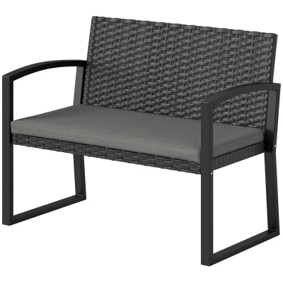 Outsunny 2 Seater Outdoor Bench, Rattan Garden Bench Loveseat with Cushion, Armrests, Steel Frame for Patio, Porch, Light Grey
