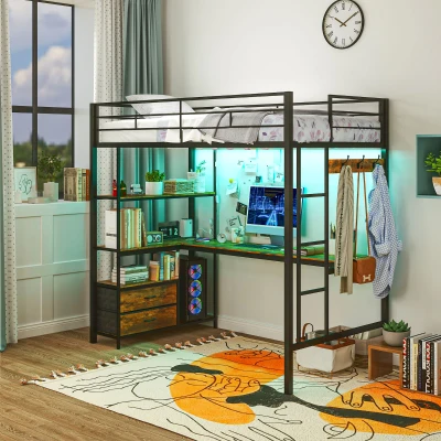 HOMCOM Twin Metal Loft Bed with Desk, LED Lights, Storage, Black