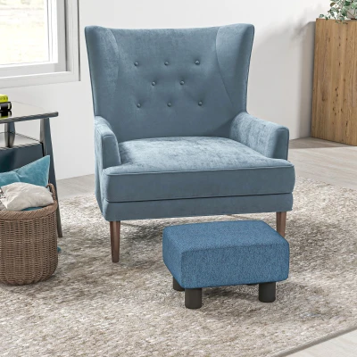 HOMCOM Cube Ottoman Foot Rest with Linen Upholstery Blue