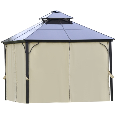 Outsunny 10' x 10' 2-Tier Outdoor Gazebo Canopy with Polycarbonate Roof, Curtains and Netting, for Garden, Deck, Beige