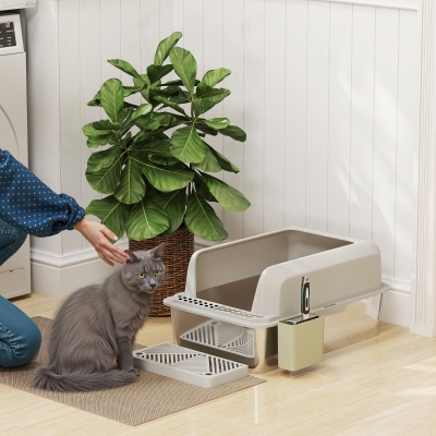 PawHut Stainless Steel Cat Litter Box High Sided with Metal Scoop & Holder, Non-Sticky, Easy to Clean, Anti-Urine Leakage