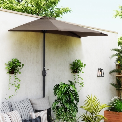 Outsunny 9ft Half Round Umbrella Outdoor Patio Garden Balcony Parasol Window Sun Shade w/ 5 Ribs Coffee