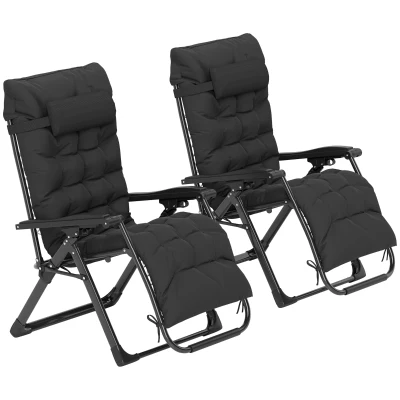 Outsunny Folding Garden Chairs Set of 2, Reclining Zero Gravity Chair, Sun Lounger with Cushion and Headrest, Black
