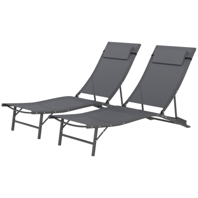 Outsunny Folding Outdoor Chaise Lounge Chair Set of 2 with Adjustable Backrest, Headrest, Mesh Seat for Beach, Poolside, Grey
