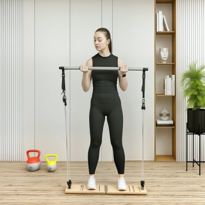 Soozier Pilates Bar Kit with Resistance Bands and Foldable Calf Stretch Board, Pilates Equipment for Full Body Workouts, Grey