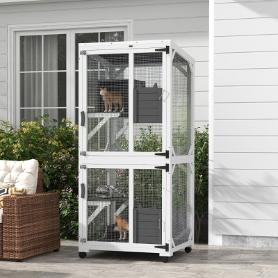 PawHut Catio Outdoor, Elevated Design, with Wheels, Resting Box, Water-Resistant, Multi Platforms, White & Grey