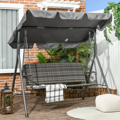 Outsunny 3 Seater Rattan Outdoor Patio Swing with Adjustable Canopy and Stand for Garden Porck Backyard, Grey