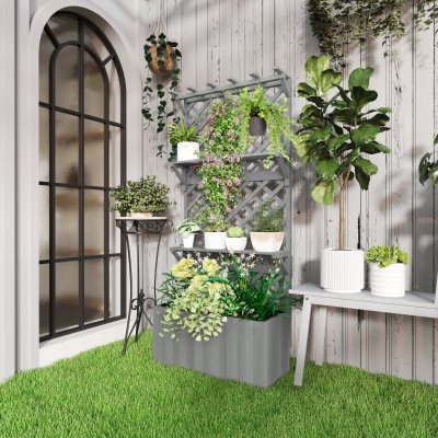 Outsunny Raised Garden Bed, Wooden Planter with Trellis, Hanging Roof, Plant Shelf, Drainage Holes and Bed Liner, Grey