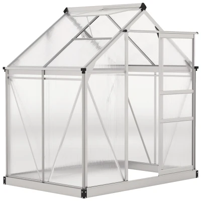 Outsunny 6' x 4' x 6.6' Polycarbonate Greenhouse, Walk-In Green House Kit Garden, Plants Grow, Galvanized Sheet Aluminum Frame with Rain Gutter, Vent and Sliding Door, Silver