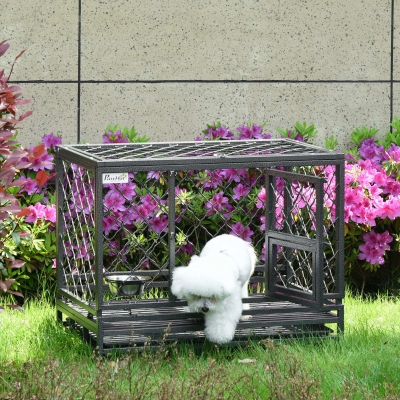 PawHut Heavy Duty Dog Crate w/ Wheels, Openable Top, Removable Tray, Bowl, for Large Dogs-Sized Dogs, 36.4" x 24.4" x 31.1"