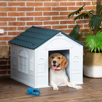 PawHut 26" Plastic Dog House Outdoor with Air Vents, for Small Medium Dogs, Blue