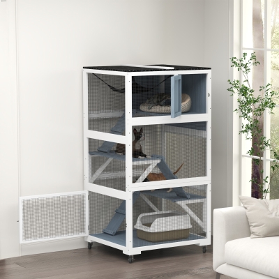 PawHut 34" L Catio Outdoor Cat Enclosure on Wheels with Hammock Multiple Platforms Resting Condo Ramps for 1-3 Cats, Grey