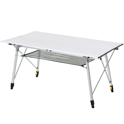 Outsunny 4FT Folding Aluminium Picnic Table Portable Camping BBQ Table Roll Up Top Mesh Layer Rack with Carrying Bag Silver