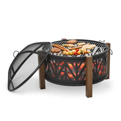 Outsunny 31" Outdoor Fire pit, 2-in-1 Wood Burning Fire Pit Brazier with Lid, BBQ Grill, Poker for Backyard, Camping, Black