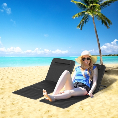 Outsunny 2 Pieces Beach Lounge Chair, Outdoor Folding Chaise Lounge Set w/ Pillow for Sunbath, Snap, Black