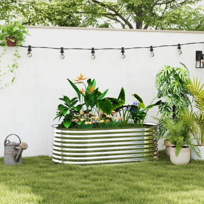 Outsunny 5 x 2.5 x 2ft Galvanized Raised Garden Bed, Easy DIY Oval Planter Box with Safety Edging and Gloves, Silver