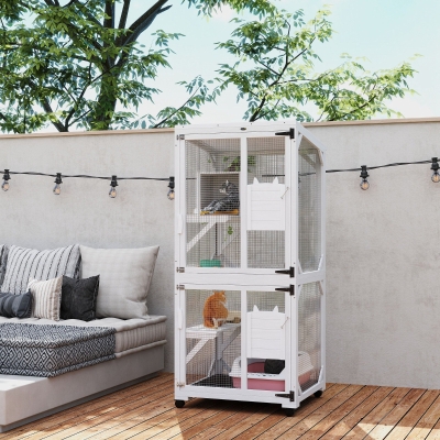 PawHut Catio Outdoor, Elevated Design, with Wheels, Resting Box, Water-Resistant, Multi Platforms, White