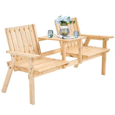 Outsunny Garden Bench for 2 Persons with Middle Table and Umbrella Hole, 2-Seater Outdoor Wooden Bench with Slat Design, Natural