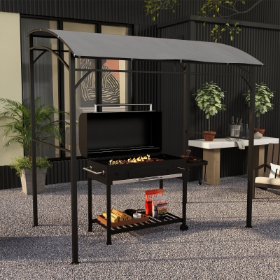 Outsunny 7' x 5' Garden Grill Canopy, BBQ Grill Gazebo Tent with Steel Frame and Hooks, Outdoor Sun Shade, Grey