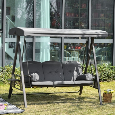 Outsunny Outdoor Patio 3-Person Steel Canopy Cushioned Seat Bench Swing with Included Side Trays & Padded Comfort, Dark Grey