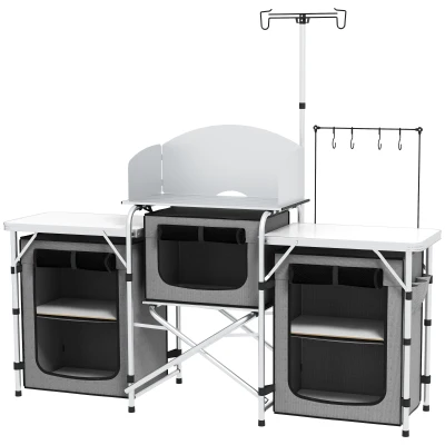 Outsunny Aluminum Camping Kitchen, Portable Folding Camping Table with Fabric Cupboards, Windshield, Bag for BBQ, Picnic, Grey