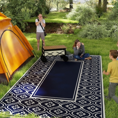 Outdoor Rug 215.7" x 107.9" x 0.12" Blue and White Gourd Border