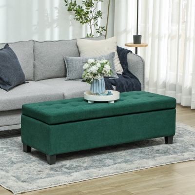 HOMCOM Rectangular Entry Bench, Tufted Upholstered Linen Fabric Wood Feet Storage Ottoman Bench, Dark Green