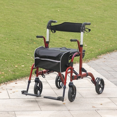 HOMCOM Rollator Walker with Seat, Folding Rolling Walker with 8" Wheels, Walker for Seniors with Adjustable Height, Red