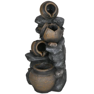 Outsunny 28.3" Solar Water Fountain, 4-Tier Resin Cascading Jars and Stacked Stones Outdoor Waterfall Fountain with LED Lights