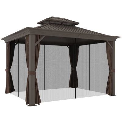 Outsunny 10' x 12' Hardtop Gazebo, Dark Brown with Curtains