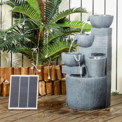 Outsunny Solar Powered Outdoor Water Fountain, 4-Tier Floor Standing Resin Cascading Bowls Waterfall Fountain with LED Lights