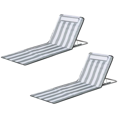 Outsunny 2 Pieces Beach Lounge Chair, Outdoor Folding Chaise Lounge Set w/ Pillow for Sunbath, Snap, Light Grey and White