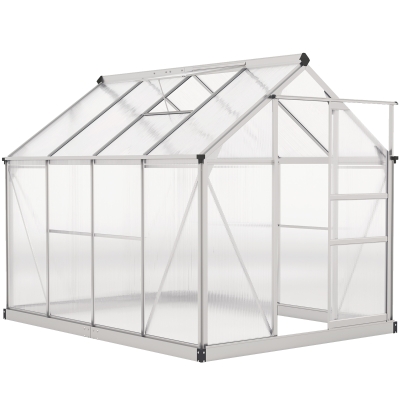 Outsunny 6' x 8' x 6.6' Polycarbonate Greenhouse, Walk-In Green House Kit Garden, Plants Grow, Galvanized Sheet Aluminum Frame with Rain Gutter, Vent and Sliding Door, Silver