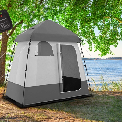 Outsunny Outdoor Portable Pop Up Shower Tent Changing Tent Privacy Enclosure with 2 Rooms, Shower Bag, Floor for Camping, Dark Grey