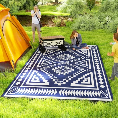 Outdoor Rug 215.7" x 107.9" x 0.12" Blue and White Square Patchwork