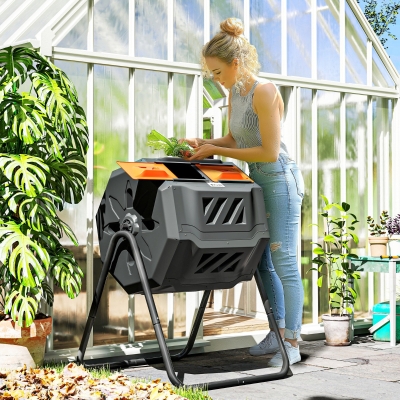 Outsunny Tumbling Compost Bin Outdoor Dual Chamber 360° Rotating Composter 43 Gallon with Sliding Doors, Orange