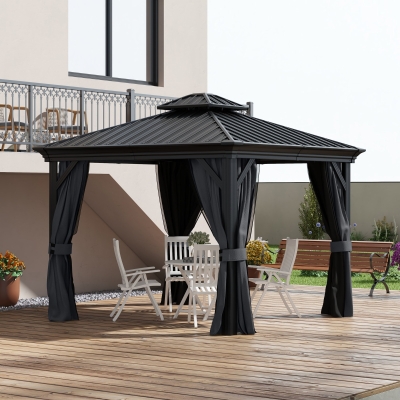 Outsunny 10' x 12' Outdoor Hardtop Gazebo with Galvanized Canopy & Netting Sidewalls for Lawn, Backyard, Dark Grey
