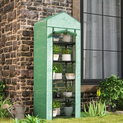 Outsunny 5 Tier Mini Greenhouse, Portable Outdoor Flower Stand with Shelf Clips, Indoor Greenhouse with Steel Frame, Transparent, 27.25" x 19.25" x 76", Green