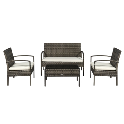 Outsunny 4 Pieces Patio Furniture Sets with A Loveseat, Two Armchairs and A Coffee Table, Outdoor Conversation Set with Glass Top Table, Grey PE Rattan and Cream White Cushions