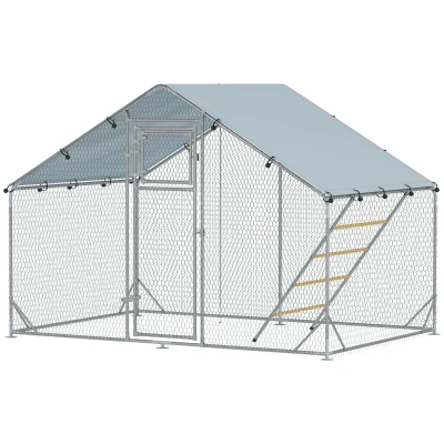 PawHut Large Metal Chicken Run with Waterproof & UV-Resistant Cover, Feeding Door, Hanging Feeder, Perch for 6-8 Chickens