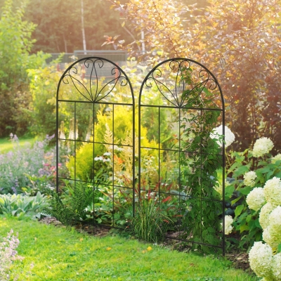 Outsunny Metal Garden Trellis Pack of 2 for Climbing Plants, Arched Grid Trellis Panels, 20" x 47", Black